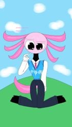 axolotl axolotl_humanoid axolotl_tail black_body black_shoes blue_pants blue_vest cum_on_body cum_on_face curious cute_eyes gills grass kinito kinitopet pink_tie white_gloves