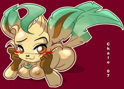 2007 blush breasts chalosan female furry green_hair leafeon nintendo nude pokemon pokemon_dppt tail yellow_eyes