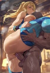 areolae ass big_breasts blonde_female blonde_hair blue_eyes breasts breasts_apart breasts_out clothed_sex dark-skinned_male dialogue fat_ass highres legs_up metroid nipples penis_in_pussy ponytail samus_aran sex shexyo thick_thighs thighs veiny_penis