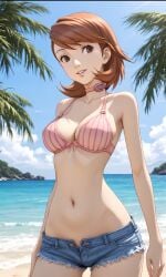 ai_generated anime auburn_hair beach bikini cutoff_shorts daisy_dukes denim_shorts happy persona persona_3 shorts skinny swimsuit yukari_takeba