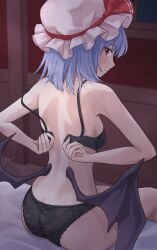 ass back blue_hair blush bra looking_back open_bra ramie_(ramie541) red_eyes remilia_scarlet sitting_on_bed touhou wings