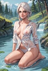 ai_generated bathing breasts ciri female green_eyes light-skinned_female looking_at_viewer mascara nipples outdoors panties scar smile solo the_witcher_(series) the_witcher_3:_wild_hunt transparent_clothing valentinaistuff wet_body white_hair