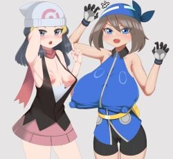 2girls blue_eyes blue_hair breasts brown_hair dawn_(pokemon) empty_pinecone female female_only game_freak gray_eyes huge_breasts human looking_at_viewer may_(pokemon) nipple_slip pibu platinum_berlitz_(pokemon) pokemon pokemon_adventures pokemon_special sapphire_birch_(pokemon) simple_background small_breasts