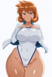 ai_generated bangs blush breasts cameltoe closed_mouth clothing competition_swimsuit covered_navel curvaceous female female female_only green_eyes gym_leader highleg highleg_swimsuit huge_breasts jacket kasumi_(pokemon) kasumi_(pokemon) large_breasts legs long_sleeves looking_at_viewer misty_(pokemon_hgss) navel one-piece_swimsuit open_clothes open_jacket orange_hair pokemon pokemon_character pokemon_gsc pokemon_hgss shiny_hair shiny_skin shirt short_hair smile solo standing swimsuit tank_suit thick_thighs thighs wet white_jacket white_one-piece_swimsuit white_swimsuit wide_hips