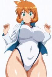 ai_generated bangs blush breasts cameltoe closed_mouth clothing competition_swimsuit covered_navel curvaceous female female female_only green_eyes gym_leader highleg highleg_swimsuit huge_breasts jacket kasumi_(pokemon) kasumi_(pokemon) large_breasts legs long_sleeves looking_at_viewer misty_(pokemon_hgss) navel one-piece_swimsuit open_clothes open_jacket orange_hair pokemon pokemon_character pokemon_gsc pokemon_hgss shiny_hair shiny_skin shirt short_hair smile solo standing swimsuit tank_suit thick_thighs thighs wet white_jacket white_one-piece_swimsuit white_swimsuit wide_hips