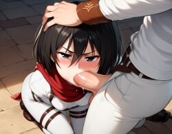 ai_generated big_penis deepthroat eren_jaeger fellatio kneeling mikasa_ackerman perfect_body scarf shingeki_no_kyojin teenage_girl