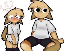 black_shorts blush clothed erection_under_clothing invisible_chair leaking_precum legs legs_spread male male_only penis_under_shirt reference_image sitting sprunki staring_at_viewer tan_(sprunki) transparent_background tunner_(sprunki) white_shirt