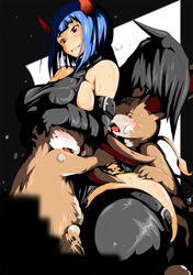 black_hair blue_hair blunt_bangs blush cum curvy double_penetration elbow_gloves female furry fushisha_o grin hare_(monster_farm) highres hips horns interspecies monster_farm monster_girl naughty_face poison_(monster_farm) red_eyes sex shi_yusu short_hair silhouette_(monster_farm) size_difference smile thigh_highs thighhighs threesome wide_hips wings zoophilia