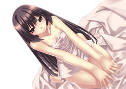 1girls bare_shoulders bed_sheet black_hair blush brown_eyes brown_hair dutch_angle embarrassed female flat_chest hands hime_cut hirano_katsuyuki long_hair naked_sheet naked_towel official_art seiza sitting solo towel very_long_hair wide_hips yayoi_(agarest_senki) yayoi_(record_of_agarest_war)