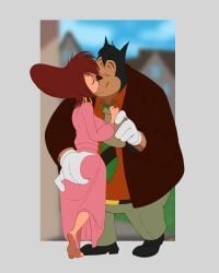 anthro anthro_on_anthro ass_grab bathrobe bathrobe_only big_ass closed_eyes disney doorway earrings feline_humanoid female female_anthro gold_earrings gold_jewelry goof_troop gray_background high_heels husband_and_wife kissing male_anthro peg_pete peter_pete_sr. red_hair sweater thehumancopier variant_set white_gloves