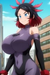 1girls ai_generated black_hair blue_eyes blush closed_mouth female female_only hi_res hiramori_mitsuko huge_breasts looking_at_another pose red_hair rosenly short_hair smile solo suit teenage_girl teenager voluptuous_female yu-gi-oh! yu-gi-oh!_go_rush!!