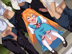 1girls 4boys ass asuka_langley_sohryu blue_eyes blush censored clothes clothing colored_eyelashes eyelashes fivesome footwear hair hair_ornament hairy_legs highres imminent_rape long_hair long_orange_hair male multiple_boys multiple_penises neon_genesis_evangelion open_clothes orange_hair panties pantyshot pantyshot_(sitting) pantyshot_sitting penis pink_doragon pubic_hair public school_uniform sitting socks straight surrounded_by_penises testicles tied_hair twintails underwear