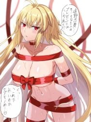 arcueid_brunestud blonde_hair blush bow breasts commentary_request female hair_between_eyes highres large_breasts long_hair looking_at_viewer naked_ribbon navel open_mouth red_bow red_eyes red_ribbon ribbon solo speech_bubble standing sweat translation_request tsukihime v-shaped_eyebrows very_long_hair weilaizuigao703