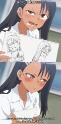 1girls ball_gag black_hair blindfold blush bondage boyfriend-girlfriend breasts dark-skinned_female dark_skin drawing english_text hayase_nagatoro please_don't_bully_me,_nagatoro school_uniform schoolgirl sketch talking_to_viewer vaamos wholesome