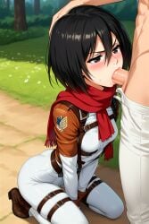 ai_generated big_penis deepthroat eren_jaeger fellatio kneeling mikasa_ackerman perfect_body scarf shingeki_no_kyojin teenage_girl