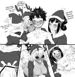 1boy 3girls ahe_gao amano44 ass big_ass big_breasts blush bottomless breasts cum cum_in_pussy cum_inside english_text izuku_midoriya long_hair mina_ashido my_hero_academia nipples post-timeskip santa_costume santa_hat sex sex_from_behind smile sweat text tongue tongue_out tooru_hagakure tooru_hagakure_(invisible) tsuyu_asui vaginal_penetration