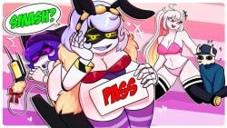 brainrot bunnysuit cat_ears friday_night_funkin highres humiliation murder_drones nikusa_(sugarratio) seductive seductive_look tabi_(homskiy) unknown_artist uzi_(murder_drones) v_(murder_drones) youtube_thumbnail