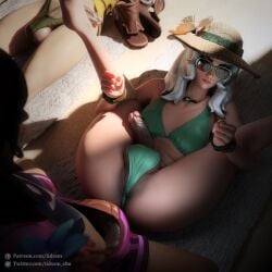 1dickgirl 3d 3futas beach bikini dark_penis dickgirl futa_on_futa futa_only futa_sans_pussy futanari iidssm_sfm league_of_legends legs_up qiyana_yunalai taliyah