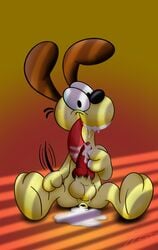 1boy absurd_res balls bodily_fluids canid canine canis cum cum_inside domestic_dog ejaculation erection garfield_(series) genital_fluids genitals happy hi_res lobofeo male male_only mammal nickelodeon odie paws,_inc. solo sweat