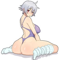 1girls ahoge ass backboob blush canon_genderswap genderswap_(mtf) ginko_sakata gintama gintoki_sakata huge_ass looking_back loose_socks one-piece_swimsuit red_eyes rule_63 short_hair silver_hair socks solo sueyuu swimsuit wariza