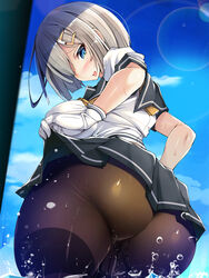 ass ass_focus below_view big_ass black_legwear blue_eyes breasts commentary_request female gloves hair_ornament hair_over_one_eye hairclip hamakaze_(kantai_collection) highres huge_ass kantai_collection large_breasts lifted_by_self looking_at_viewer neckerchief no_panties pantyhose pleated_skirt pussy_juice school_uniform sea serafuku short_hair short_sleeves skirt skirt_lift solo thick_thighs thighband_pantyhose torisan underwear wet white_gloves white_hair yellow_neckwear