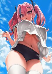 1girls asanagi azur_lane belly_piercing bloomers bremerton_(azur_lane) buruma from_below gym_uniform hair_ornament huge_breasts looking_down loose_shirt nipple_bulge pov red_eyes red_hair shorts skindentation sky t-shirt thick_thighs thighhighs twintails underboob workout_clothes