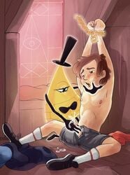 1boy anthro arms_above_head bill_cipher bondage chains clothed cuffed cum cumming dipper_pines disney disney_channel full_color gravity_falls hand_holding_face handjob male_only restrained smooth_skin