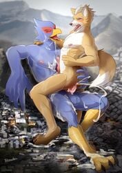 2boys absurd_res anal anal_sex avian beak bird bodily_fluids canid canine censored city cowgirl_position cum cum_in_ass cum_inside cum_on_body cum_on_face cum_on_feet cum_on_ground cum_on_leg cum_on_penis destruction erection falco_lombardi fox fox_mccloud gay genital_fluids genitals hi_res macro male male/male male_only mammal nintendo on_top pecjob pecs penetration penis saliva sex sitting star_fox tongue twstacker video_games yaoi