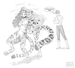 2020 4_toes 5_fingers araivis-edelveys areola bite black_stripes breasts catfight digital_media_(artwork) digitigrade felid female fight fingers fur hair hi_res human leopard male mammal nipples pantherine pulling_hair scratches scratching striped_body striped_fur stripes tiger toes touching_hair