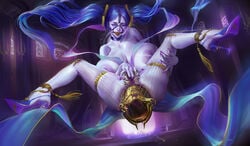 1girls accessory anal anal_insertion anal_penetration anal_torture ball_gag big_breasts blue_hair female female_only gag gape high_heels instrument jewelry jm league_of_legends long_hair musical_instrument pussy_torture solo sona_buvelle torture toy toying_self