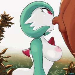 1boy 1girls 2020 animated anthro anthrofied areola ass balls bouncing_breasts breasts choker dark-skinned_male dark_skin deepthroat fellatio female female_focus gardevoir grass green_hair green_skin human interspecies large_breasts lyn_nyl male nintendo nipples noblood nude oral outdoors penis pokémon_(species) pokemon pokemon_(species) pokemon_rse red_eyes saliva short_hair side_view straight text thick_thighs throat_bulge throat_fuck tight_throat watermark white_skin