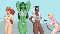 4girls abs arms_behind_head avengers big_breasts blonde_hair blue_eyes breasts breasts_visible_through_clothing cameltoe dark-skinned_female dark_skin doreen_green earrings fake_animal_ears female female_only flick green-skinned_female green_body green_hair green_skin gwen_poole hulk_(series) long_hair marvel marvel_comics multiple_girls muscular_female mutant_(marvel) nipples nipples_visible_through_clothing no_pupils orange_hair ororo_munroe panties pink_highlights redhead she-hulk short_hair squirrel_ears squirrel_girl_(marvel) squirrel_tail storm_(x-men) superheroine teeth thong tiara underwear wet_clothes wet_shirt wet_t-shirt_contest white_eyes white_hair x-men