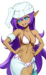 artist_name bikini bikini_top blue_eyes breasts clothed female female_only hands_on_hips long_hair looking_at_viewer midriff patreon_username pointy_ears purple_hair revenantart shantae shantae_(character) simple_background smile smiling solo tan_skin