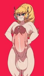 1futa blonde_hair blue_eyes breasts captain_kirb cyborg futanari huge_balls huge_cock intersex jazz_(oc) looking_at_viewer ponytail precum robot_girl