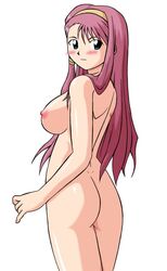 aegina_(tear_ring_saga) ass blue_eyes blush breasts headband long_hair naked pink_hair plain_background shiraki_(the_perfect_world) tear_ring_saga tear_ring_saga:_berwick_saga white_background