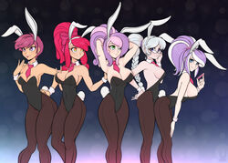 5girls aged_up apple_bloom_(mlp) aqua_eyes big_hair blue_eyes braid breasts bunny_ears bunny_girl bunny_tail bunnysuit cleavage clothed clothing cuffs cutie_mark_crusaders diamond_tiara_(mlp) female female_only friendship_is_magic glasses green_eyes hasbro human human_only humanized large_breasts multiple_girls my_little_pony orange_eyes pantyhose playboy_bunny ponytail purple_eyes purple_hair red_hair scootaloo_(mlp) scorpdk short_hair sideboob silver_hair silver_spoon_(mlp) small_breasts smile standing sweetie_belle_(mlp) teenager