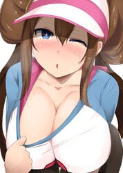 1girls :o aged_up alternate_breast_size bent_over blue_eyes blush brown_hair cleavage cleavage_pull close-up double_bun eye_contact female female_only flashing half-closed_eyes hat huge_breasts human long_hair looking_at_viewer nintendo open_mouth pantyhose pokemon pokemon_bw2 rosa_(pokemon) sexually_suggestive shirt shirt_lift solo solo_female thigh_gap twintails wide_hips wink yukimaro_yukkii yukkyyukimaro