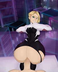 1boy 1girls anal ass asymmetrical_hair bent_over big_ass big_butt blonde_hair blue_eyes bodysuit city detnox doggy_style favorite from_behind ghost-spider gwen_stacy gwen_stacy_(spider-verse) highres huge_ass marvel penis pov sex shaved_side short_hair smile spider-gwen spider-man:_into_the_spider-verse spider-man_(series) straight torn_clothes windows