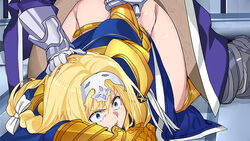 1boy 1girls alice_schuberg arm_behind_back armor ass blonde_hair blue_eyes bottomless braid braided_hair crying crying_with_eyes_open defeated female from_behind from_behind_position gauntlet gauntlets headpiece human long_hair male open_mouth pinned pinned_down rape sex straight sword_art_online sword_art_online_alicization tears top-down_bottom-up toranpo_rintarou wide_eyed