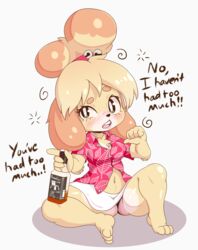 1girls 2020 alcohol animal_crossing anthro blush breasts canine drunk female furry isabelle_(animal_crossing) mirrorreach navel nintendo solo underwear