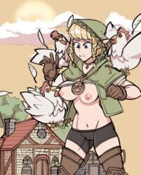 1girls absurdres areolae assisted_exposure big_breasts bike_shorts boots breasts cameltoe cloak clothing compass cucco female female_only footwear gloves handwear highres hylian hyrule_warriors hyrule_warriors_definitive_edition hyrule_warriors_legends large_breasts linkle nipples ragingbarbarians shorts the_legend_of_zelda