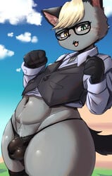 animal_crossing anthro balls_outline black_body black_fur black_nose blonde_hair bulge cheek_tuft clothed clothing cloud crotch_tuft cute_fangs day domestic_cat dress_shirt eyewear facial_tuft felid feline felis fur genital_outline girly glasses green_eyes grey_body grey_fur hair heterochromia hi_res kemono kemosara legwear looking_at_viewer male male_only mammal midriff multicolored_body multicolored_fur navel nintendo open_mouth outside raymond_(animal_crossing) shirt skimpy sky solo standing thick_thighs thigh_highs thong tight_clothing topwear tuft two_tone_body two_tone_fur underwear vest video_games wide_hips yellow_eyes