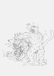 2boys absurd_res anthro anthro_on_feral anthrofied arcanine bara bodily_fluids canine claws cum cum_on_face facial feet feline feral furry gay genital_fluids half-closed_eyes heavy_breathing hi_res incineroar interspecies messy monochrome nintendo original_character paws pokemon pokemon_(species) pokemon_rgby pokemon_sm saliva san_jaguar sketch source_request sweat tail teeth text video_games wet yaoi