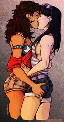 2girls america_chavez asymmetrical_breast_frottage asymmetrical_docking belt bicep_bracelet blush blushing bra brunette curly_hair dark-skinned_female ear_piercing earrings embrace female female_only hand_on_ass hand_on_waist hands hawkeye hawkeye_(series) hoop_earrings human human_only interracial interracial_yuri jean_shorts kate_bishop kissing kiwisparked lesbian light-skinned_female maelikki marvel miss_america_chavez multiple_girls muscular muscular_female purple_stripes red_shirt ring shirt_down short_shorts shorts straight_hair sunglasses sunglasses_on_head teardrop_earrings thighs young_avengers yuri