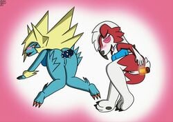 2girls all_fours anal anal_masturbation anal_sex anthro anthrofied ass blue_body blue_fur blush bottomless canine clothed clothing dildo duo eye_contact feet female female_only fire fur genitals glowing glowing_eyes hi_res looking_at_viewer lycanroc manectric masturbation mega_evolution mega_manectric midnight_lycanroc multiple_girls nintendo original_character penetration pink_background pokémon_(species) pokemon pokemon_oras pokemon_rse pokemon_sm red_body red_fur sex_toy source_request spikes spread_ass spreading text thick_thighs tongue tongue_out toying_self video_games watermark white_fur wide_hips yellow_fur