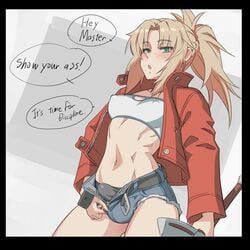 1futa abs blonde_hair blush bulge caption clothed dialogue erection fate_(series) futa_only futadom futadom_caption futanari green_eyes hotpants imminent_sex intersex large_balls large_penis mikoyan mordred_(fate) navel nipple_bulge short_shorts shorts small_breasts solo solo_futa text