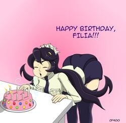 1girls ass bending_over birthday black_hair cake cf900 closed_eyes filia_(skullgirls) long_hair samson_(skullgirls) skullgirls thighhighs