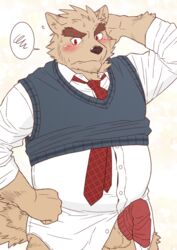 2018 anthro balls blush canid canine clothing cute_fangs genitals humanoid_hands kemono male male_only mammal necktie penis ryuta-h shirt simple_background slightly_chubby solo topwear