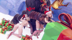 1boy 3d ashe_(overwatch) christmas christmas_outfit female horse_penis horsecock male mercy nisama3dx nisamasfm overwatch tauren