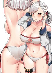 1girls backboob female girls'_frontline large_breasts lilycious solo spas-12_(girls'_frontline) swimsuit white_background white_hair